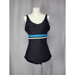 Speedo Swimsuit Womens XL Black One Piece Blue Stripe Athletic Swimwear